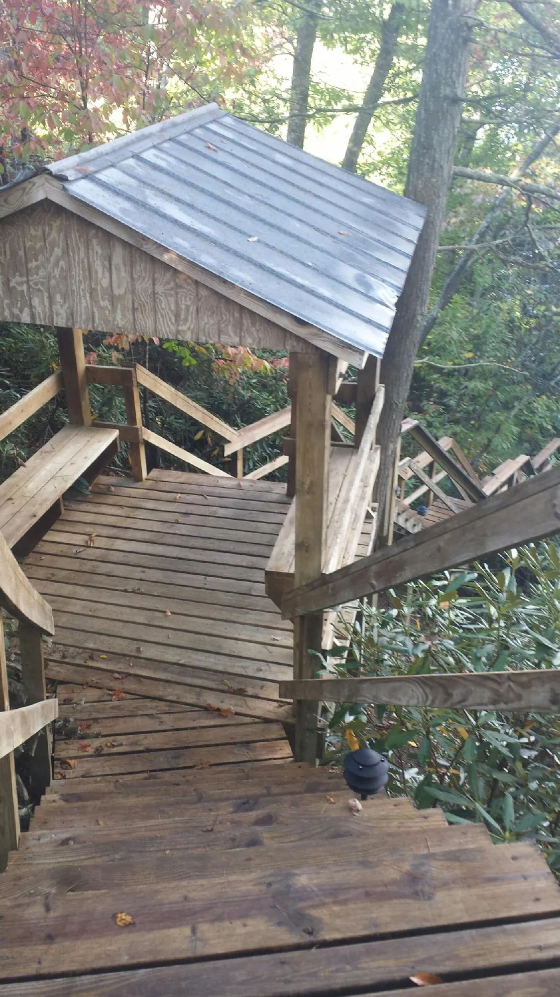 Metal roofed shelter over wooden steps on a wooded walkway — Skylight Repair & Installation work by our crew in Hunt